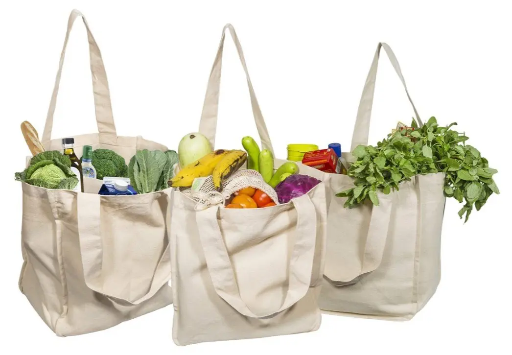 Three bags of food are lined up on a table.